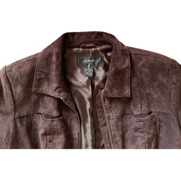 Alfani Genuine Leather Suede Chocolate Brown Tapered Fit Zip Up Blazer Jacket - Picture 5 of 11